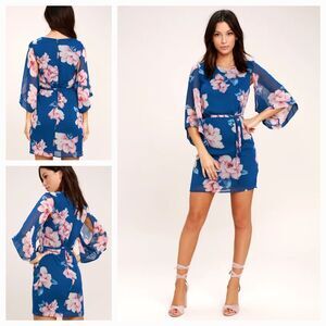 New LULUS W's (L) Joyful Noise Denim Blue & Pink Floral Print Chiffon Mini Dress
